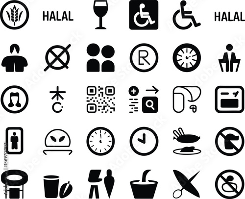 Collection of black and white icons representing various services and restrictions