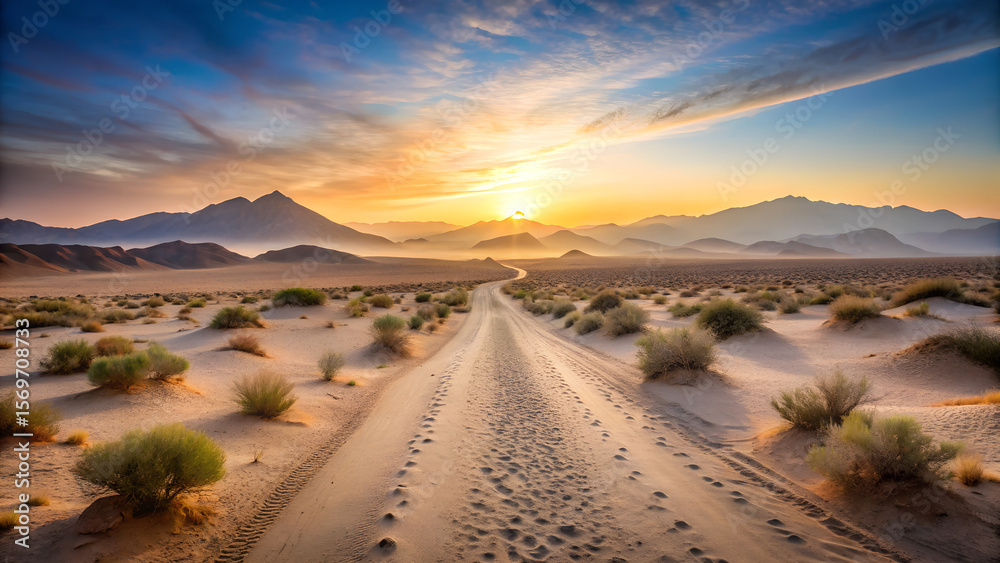 Fototapeta premium Desert Road at Sunrise A Scenic Journey Through Sandy Dunes and Mountains