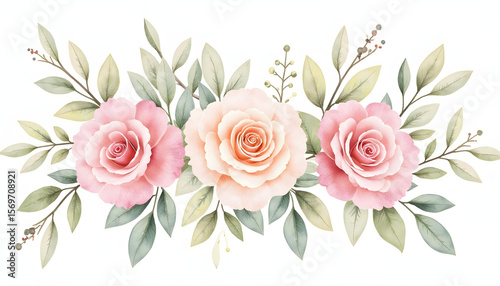Beautiful watercolor bouquet of pink roses. Represents love, beauty, romance, or celebration. Elegant and classic.

