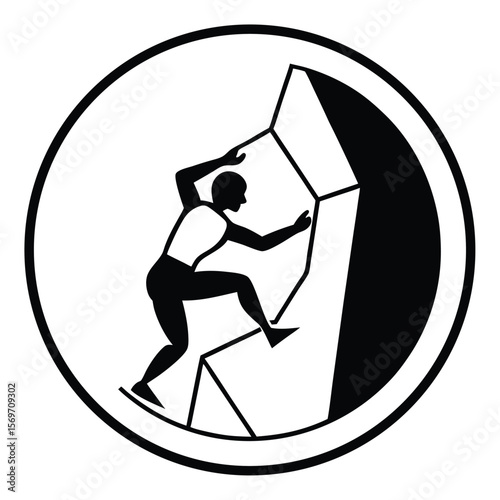Black Silhouette Climber Ascending Geometric Rock Face Inside Circular Frame climbing