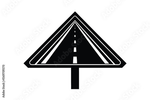 Road narrows ahead warning sign icon in black and white
