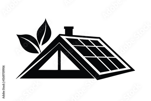 Eco Friendly House with Solar Panels and Green Leaves