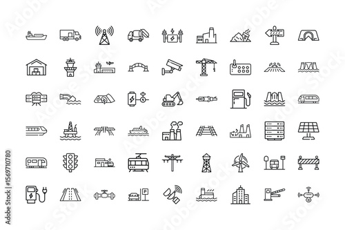 Infrastructure and Industry Outline Icons Set Transportation and Energy