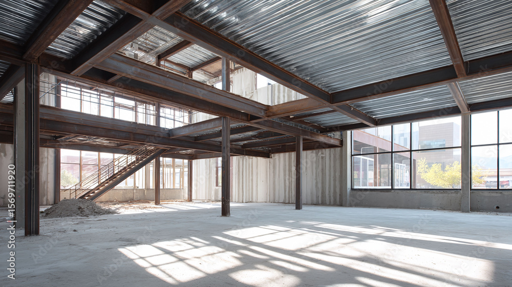 Bright, spacious industrial interior under construction. Steel beams, concrete, and natural light evoke concepts of progress, potential, and raw design aesthetics. Bright, spacious industrial interior under construction. Steel beams, concrete, and natural light evoke concepts of progress, potential, and raw design aesthetics.