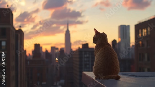 Cat gazes at sunset over NYC skyline