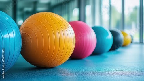A row of colorful exercise balls on a gym floor.