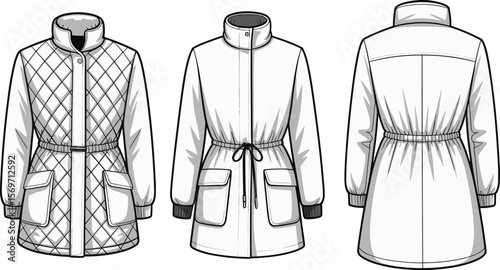 Women's winter parka jacket CAD flat vector fashion technical drawing front back view illustration, quilted long sleeve coat
