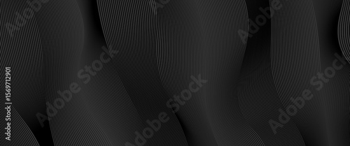 Black abstract background design. Modern wavy line pattern (guilloche curves) in monochrome colors. Premium stripe texture for banner, business backdrop. Dark horizontal vector template