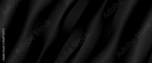 Black abstract background design. Modern wavy line pattern (guilloche curves) in monochrome colors. Premium stripe texture for banner, business backdrop. Dark horizontal vector template