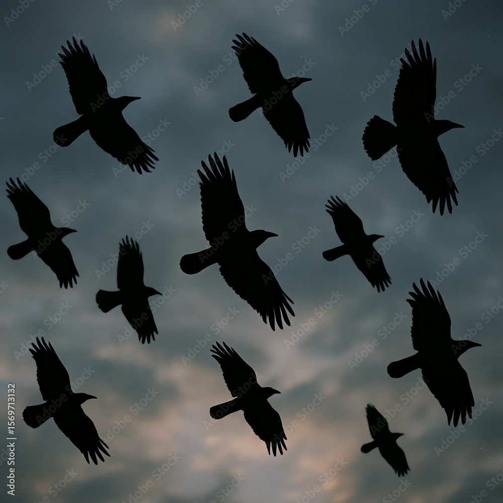 Obraz premium Flying crows silhouette against cloudy sky