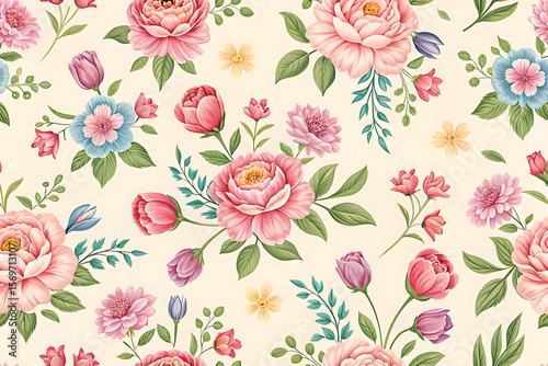 Wallpaper Mural Chintz style floral pattern with pastel flowers and green leaves image Torontodigital.ca