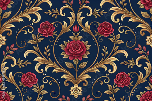 Deep blue floral damask with red roses and gold accents pattern