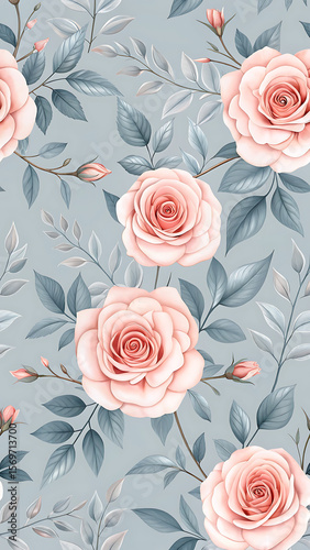 Delicate blush roses grey foliage pattern floral pink