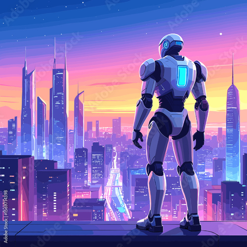 Mechanical Robot Overlooking a Cyberpunk Cityscape at Sunset with Vivid Purple and Orange Sky in Pixel Art Style