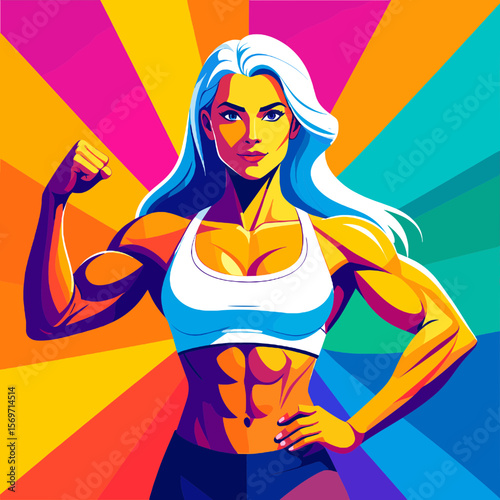 Muscular Woman with Silver Hair Wearing Sportswear Standing Confidently Against Colorful Background in a Fitness Concept Image