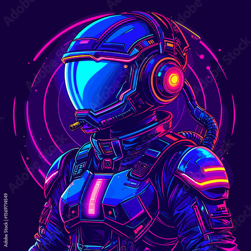 Neon Pixel Art Portrait of a Futuristic Astronaut in Spacesuit on Purple Background with Blue and Pink Highlights