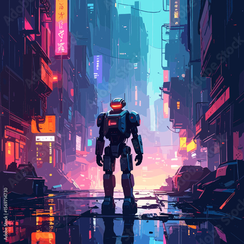 Pixel Art of a Robot Standing on a Wet Street in a Futuristic Cityscape at Night with Neon Lights in Shades of Blue Orange and Purple