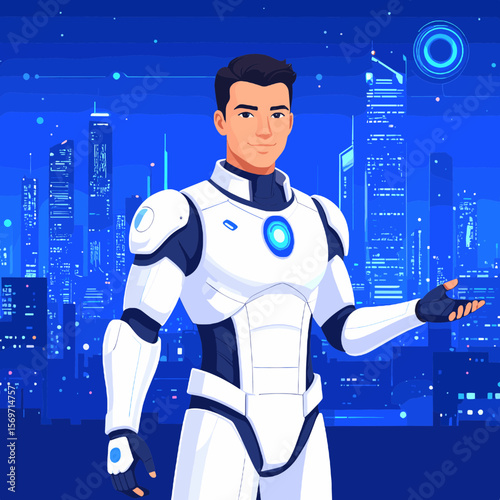 Pixel Art of a Smiling Man in White and Blue Futuristic Robot Suit with Cityscape Background