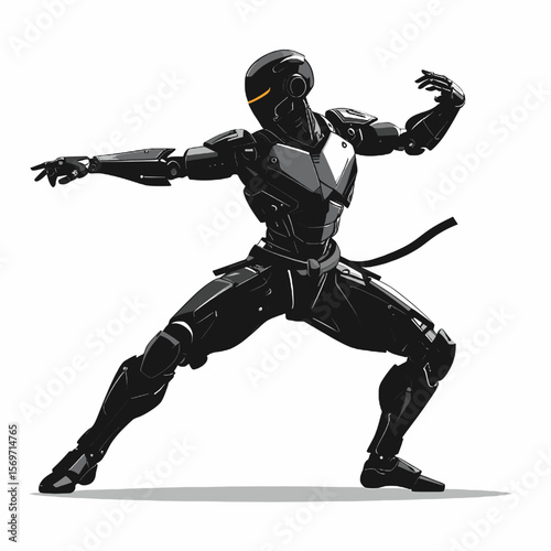 Pixel Art of Futuristic Black Armored Android Ready to Fight Positioned Against a White Background