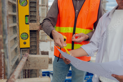 Construction contractor, checking and recording construction details using tape measure and not measuring water level, wearing yellow construction uniform, house construction contractor, concept