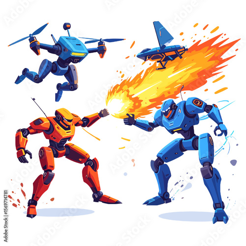 Pixel Art of Orange and Blue Robots Engaging in Battle with Fire Power and a Futuristic Drone on a Plain White Background