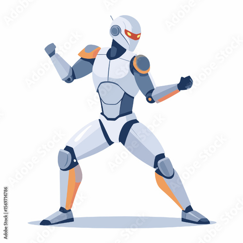 Pixel Art of White Robot Android in Fighting Stance with Orange Accents Isolated on White Background