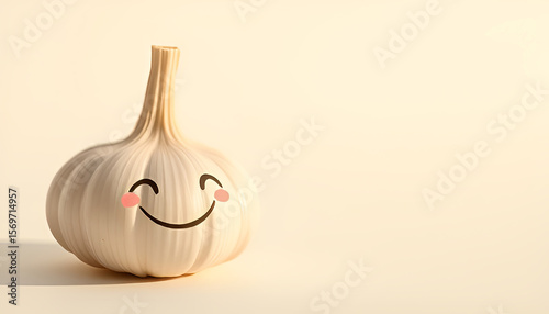Fresh garlic bulb with a cute smiling face and rosy cheeks on soft beige background, happy food