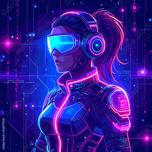 Pixelated Cyberpunk Woman with VR Headset in Neon Lit Digital Space Artificial Intelligence Image