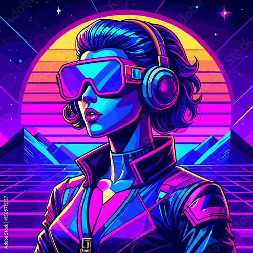 Pixelated Cyberpunk Woman in Neon VR Headset Retro Futuristic Portrait with Grid Landscape and Digital Art Style
