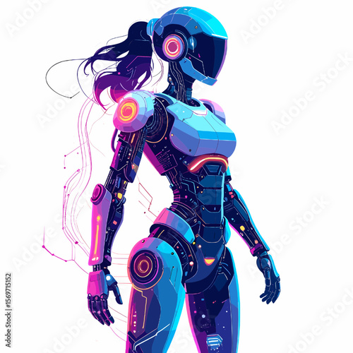 Pixelated Futuristic Female Robot in Blue and Purple Neon Lighting With Intricate Details Showing Advanced Artificial Intelligence