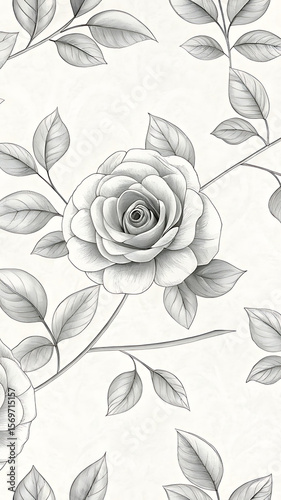 Delicate rose and leaf sketch background floral botanical