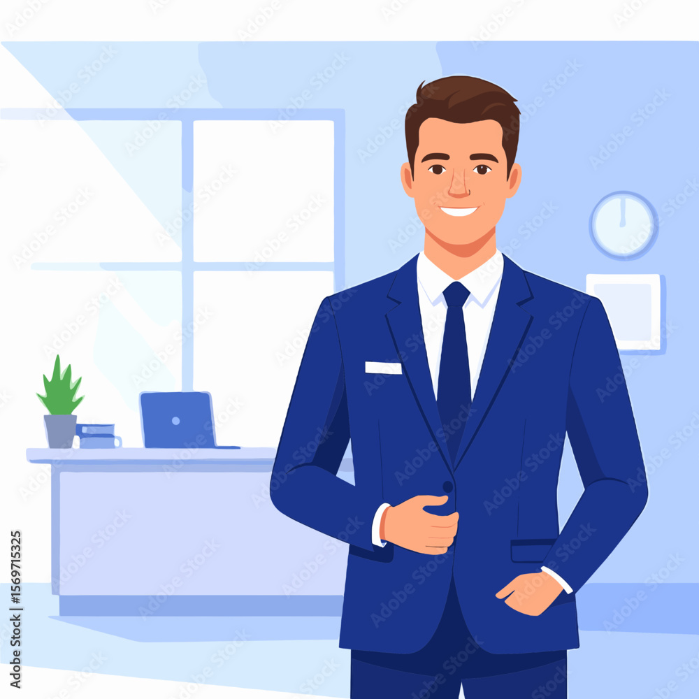 Portrait of a Smiling Young Businessman in a Blue Suit Standing Confidently in a Modern Office with Natural Lighting and a Clean Background Portrait of a Smiling Young Businessman in a Blue Suit Standing Confidently in a Modern Office with Natural Lighting and a Clean Background