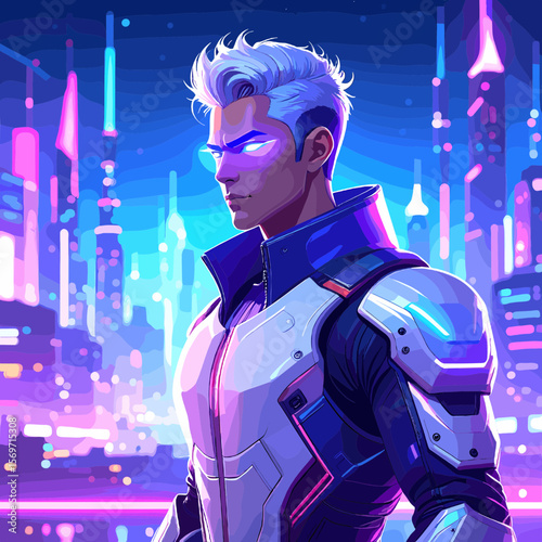 Portrait of a Man with White Hair and Glowing Blue Eyes in Futuristic Cityscape with Neon Lights at Night in Cyberpunk Style Artificial Intelligence