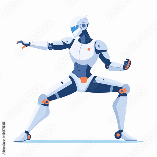 Pixelated White and Blue Robot in Fighting Stance Isolated on White Background Digital Art and Geometric Design