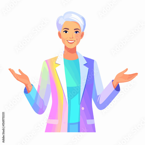 Portrait of Female Doctor in White Coat with Colorful Accents in Digital Art Style with Open Arms Isolated on White Background