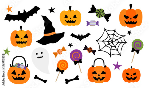 ハロウィンのイラストセット(魔女 おばけ かぼちゃ お菓子 蜘蛛の巣 墓 ベクター 編集可能)