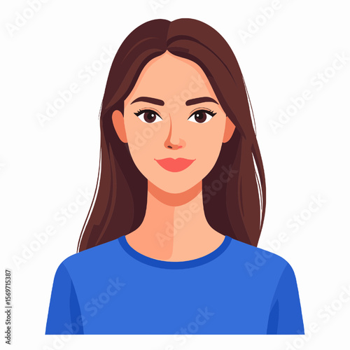 Potrait of Brunette Haired Young Woman with Light Skin Wearing a Blue T-Shirt with Clean Background