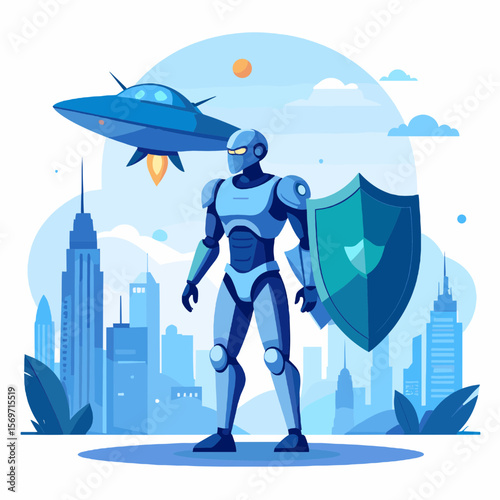 Protective Robot with Shield Standing Guard Over City Skyline Against Spaceship Threat in Vector Illustration
