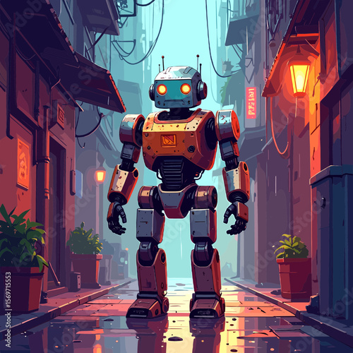 Retro Robot Standing in an Urban Alleyway with Pixelated Art Style Orange Body and Grey Limbs Under Dim Lighting