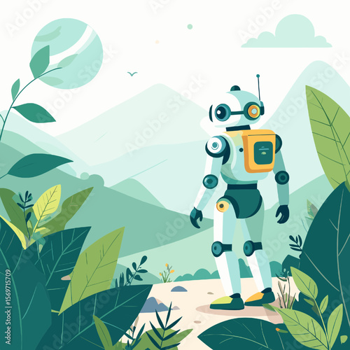 Robot Exploring Tranquil Green Mountain Landscape with Dense Foliage and Sky Illustration