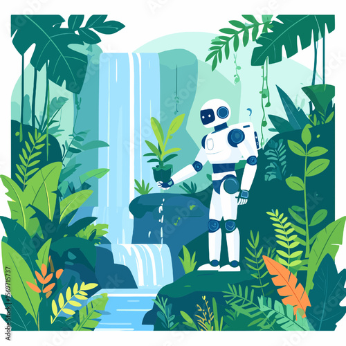 Robot Holding Plant Pot Near Waterfall Surrounded by Lush Greenery With Various Shades of Greenery and Pixel Art Style