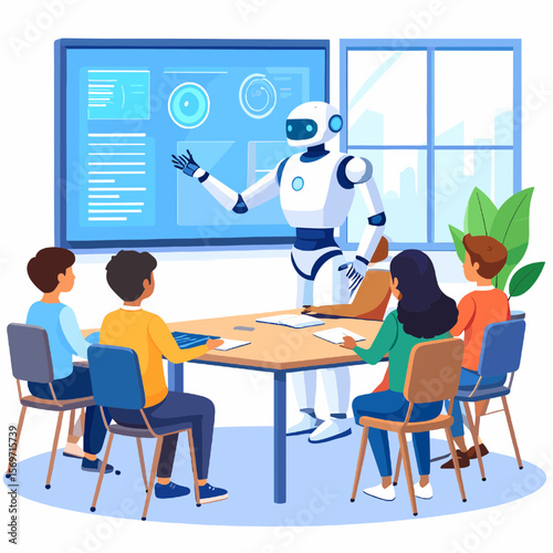 Robot Giving Presentation to Students in Classroom with Diagram Displayed on Screen and Sunlight Coming Through the Window