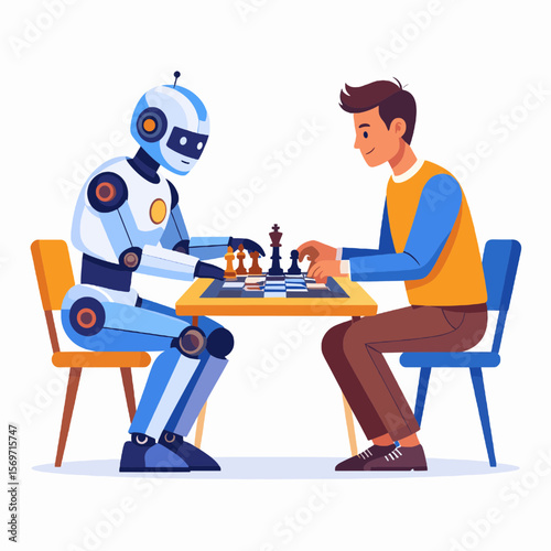 Robot Playing Chess with a Man Strategy Game between AI and Human on Chessboard Orange Chair Brown Pant Vector Art