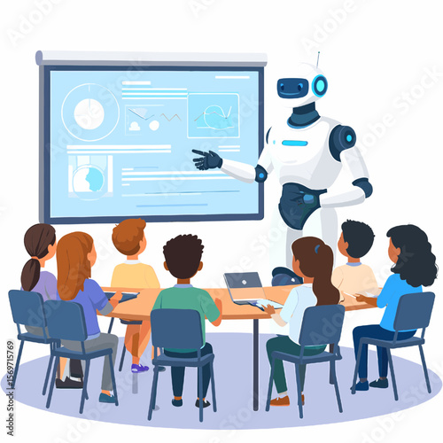 Robot Teacher Giving a Presentation to Diverse Children in Classroom with Blue Screen Showing Data Charts and Analytics in a Brightly Lit Room