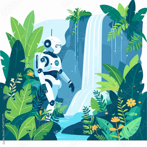 Robot Standing Near Waterfall Surrounded by Tropical Vegetation in Flat Vector Style