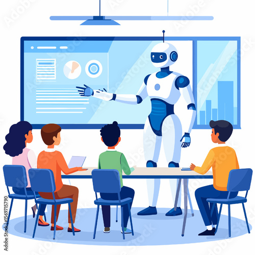Robot Teaching Students in Classroom Presentation on Screen with Data Charts and Graphs Modern Education and Artificial Intelligence Vector Illustration