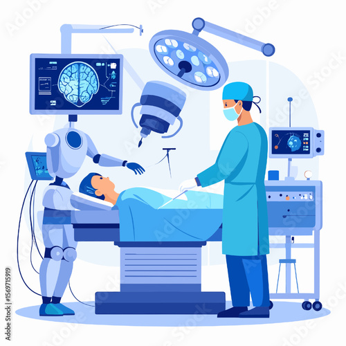 Robotic Surgery Scene Featuring a Surgeon and Robot Assisting with Operation in Brightly Lit Operating Room Equipped with Advanced Medical Technology