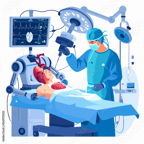 Robotic Surgery with Surgeon and Patient in Operating Room with Blue Light and Medical Equipment Illustration