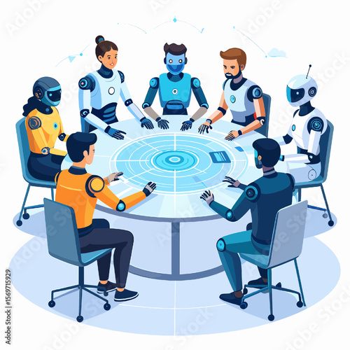 Robotic Team Collaboration at Round Table Meeting with Digital Interface in a Bright Room