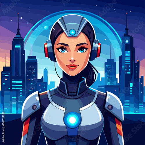 Sci-Fi Woman Avatar with Silver Helmet and Dark Blue Armor against Futuristic Cityscape with Tall Buildings at Night